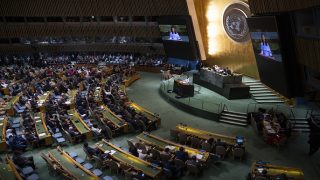 NEW YORK, UNITED STATES - SEPTEMBER 22: President of the United Nations General Assembly Annalena Baerbock makes a speech during a high-level international conference at United Nations Headquarters focused on resolving the Palestine issue and advancing a two-state solution on September 22, 2025 in New York, United States. (Photo by Celal Gunes /Anadolu via Getty Images)