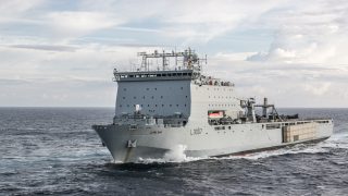 Pictured is RFA Lyme Bay in the Mediterranean as she makes her way back to the UK after training with the Italian Navy. More than one thousand sailors and Royal Marines sailed on a three-month mission to the Mediterranean to forge the commando forces of tomorrow. UK flagship HMS Albion led a force which visited numerous nations across the Mediterranean and Black Sea as the UKs armed forces nurtures new friendships and cements traditional alliances. RFA Lyme Bay is a Bay-class landing ship dock of the Royal Fleet Auxiliary. She is capable of delivering a significant fighting force anywhere in the world.